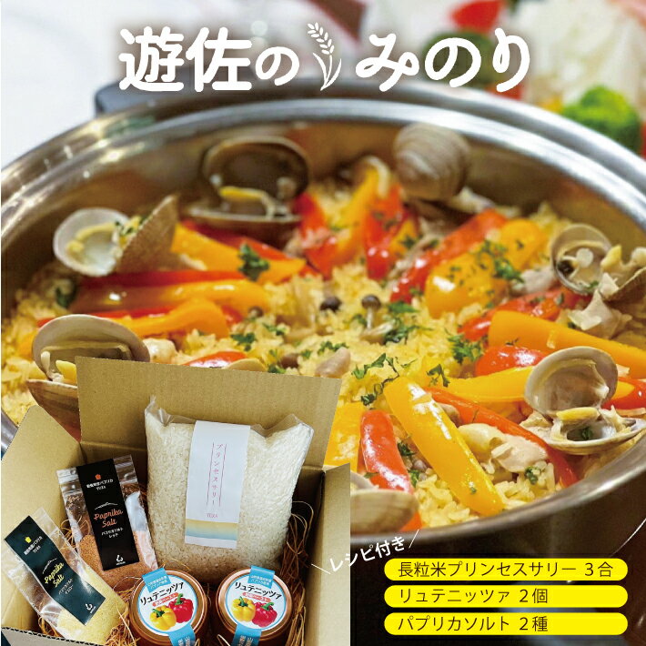 【ふるさと納税】 長粒米プリンセスサリー 3合(450g)リュテニッツァ 100g×2個 パプリカソルト 5g×2種 レシピ付き 遊佐のみのり 東北 山形県産 遊佐町 瓶詰 化学調味料・着色料・保存料不使用 国産野菜 野菜ペースト ペースト パプリカ 加工食品 パエリア 米 塩