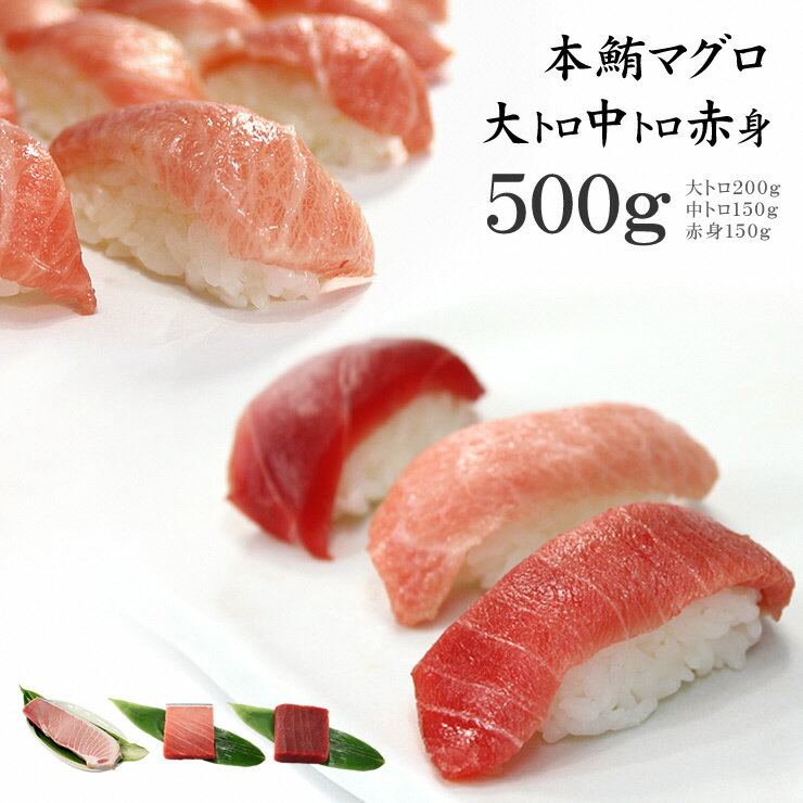 【ふるさと納税】本マグロ大トロ中トロ赤身セット500g　解凍レシピ付　1サクずつ真空包装