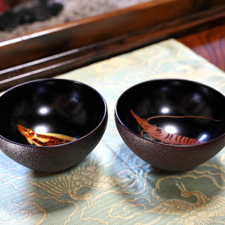 [年内発送]漆器 酒器 酒盃 本漆 蒔絵 天然木2個組 ひらめ 海老 セット 喜多方 マルサ漆器製造所