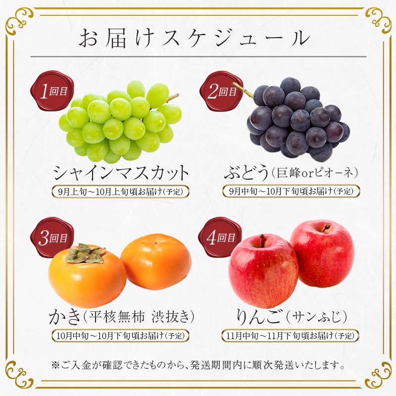 【ふるさと納税】＜2025年秋から開始の定期便＞伊達なフルーツ定期便（ぶどう2種・かき・りんご3kg）果物 フルーツ 葡萄 ブドウ 柿 カキ 林檎 リンゴ 福島県 伊達市 F20C-482