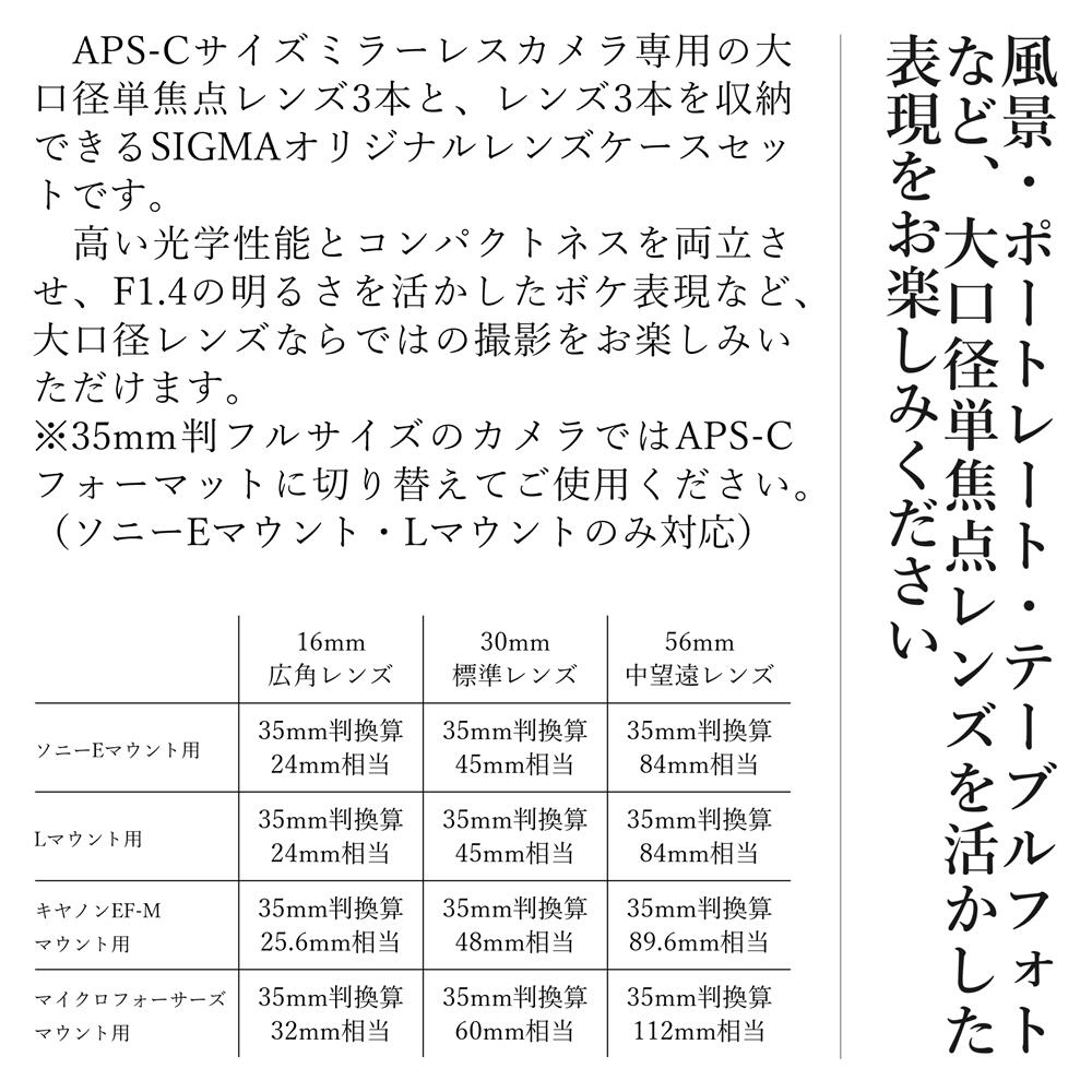 【ふるさと納税】SIGMA APS-Cサイズ用 単焦点レンズ3本セット（ソニーEマウント用、Lマウント用、キヤノンEF-Mマウント用、マイクロフォーサーズ用）