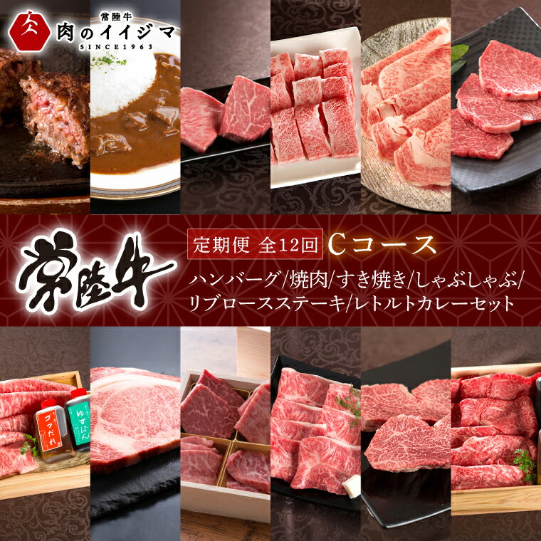 【ふるさと納税】【定期便 全12回】茨城県産 常陸牛 12ヶ月 定期便 Cコース ハンバーグ 焼肉 すき焼き しゃぶしゃぶ リブロース ステーキ レトルトカレー【肉のイイジマ】（DU-113）