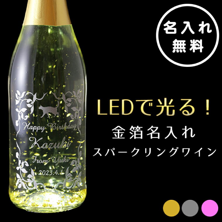 LEDで光る!金箔舞う猫の名入れ彫刻スパークリングワイン(HW-9)