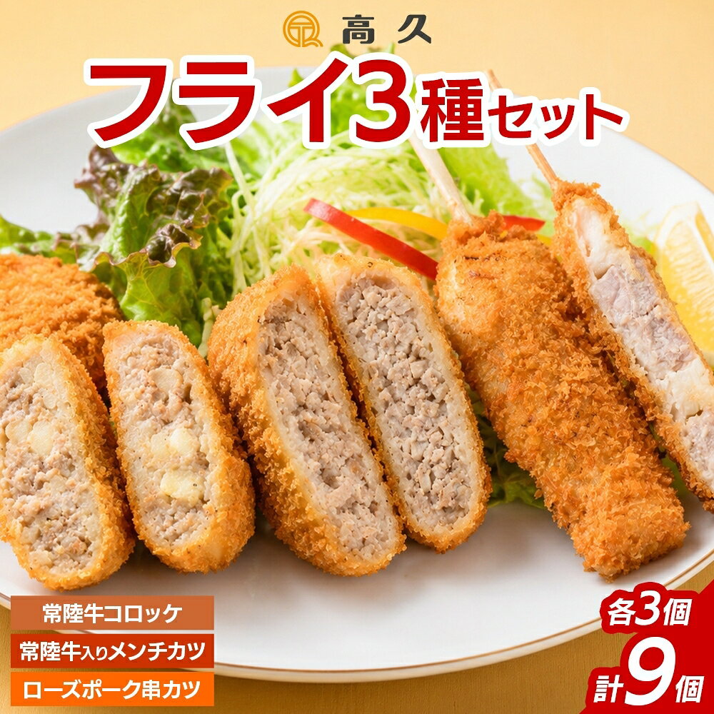 常陸牛 ＆ ローズポーク 3種 フライセット コロッケ メンチカツ 串カツ 各1パック 惣菜 おかず お弁当 揚げ物 手作り 手仕事 冷凍 洋食 ご家庭用 ご褒美 詰め合わせ セット 高久 茨城県 水戸市（OL-10）