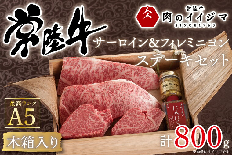 ステーキ ふるさと納税 ギフトヒレ A5 内祝い お返し ステーキセット ヒレ肉 サーロイン ヒレステーキ 常陸牛A5サーロイン&フィレミニヨンステーキセット 計4枚[木箱入り・特製タレ/マスタード付き][肉のイイジマ] 茨城県 水戸市 (DU-41)