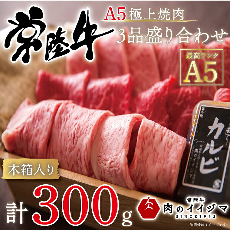 肉 常陸牛A5 極上焼肉3品盛り合わせ 計300g 食べ比べ カルビ もも厚切り サーロイン 木箱入り 特製タレ付き 赤身 黒毛和牛 クリスマス お歳暮 お取り寄せ お祝い 内祝い 出産 結婚 快気祝い プレゼント 誕生日 ギフト 茨城県 水戸市 肉のイイジマ(DU-32)