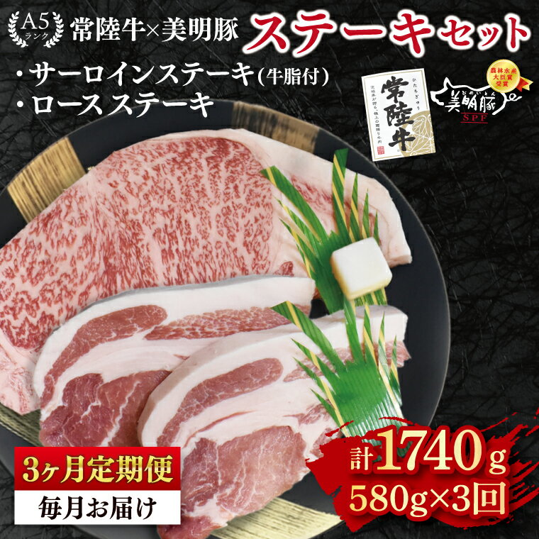 [3ヶ月定期便[常陸牛 A5ランク・美明豚ステーキセット]常陸牛サーロインステーキ300g+美明豚ロースステーキ280g(140g×2枚) 冷凍 国産牛 和牛 牛肉 豚肉 ブランド豚 茨城県 水戸市 食べ比べ セット商品 国産 老舗精肉店 (EK-19_1)