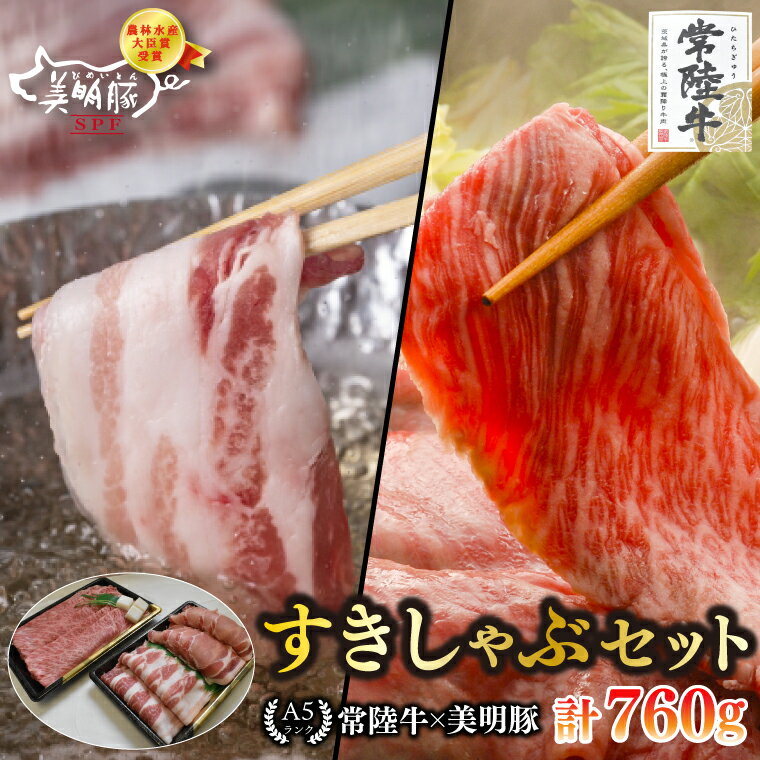[常陸牛 A5ランク・美明豚すきしゃぶセット]常陸牛肩ロースすき焼き用360g+美明豚しゃぶしゃぶ用400g(ロース200g・ばら200g) 冷凍 国産牛 和牛 牛肉 豚肉 ブランド豚 茨城県 水戸市 食べ比べ セット商品 国産 20000円以内 老舗精肉店