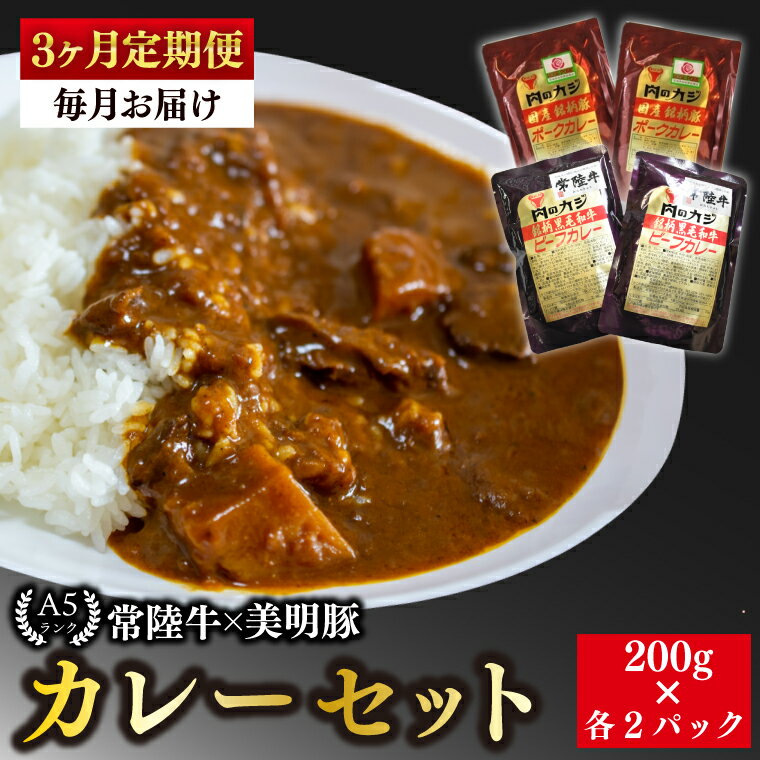 [3ヶ月定期便][常陸牛 A5ランク]カレー2パック+[美明豚]カレー2パック[国産牛 和牛 牛肉 豚肉 ブランド豚 茨城県 水戸市 レトルト 食品 食べ比べ セット商品 国産](EK-37_1)