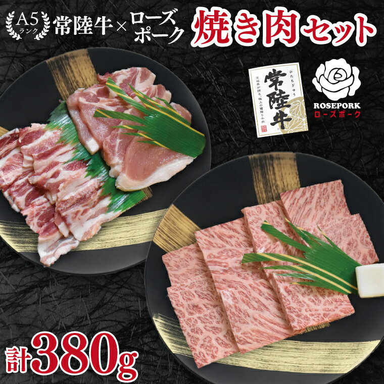 [常陸牛 A5ランク・ローズポーク焼肉セット]常陸牛カルビ180g+ローズポーク200g(ロース100g・ばら100g) 冷凍 国産牛 和牛 牛肉 豚肉 ブランド豚 茨城県 水戸市 食べ比べ セット商品 国産 BBQ 10000円以内 老舗精肉店