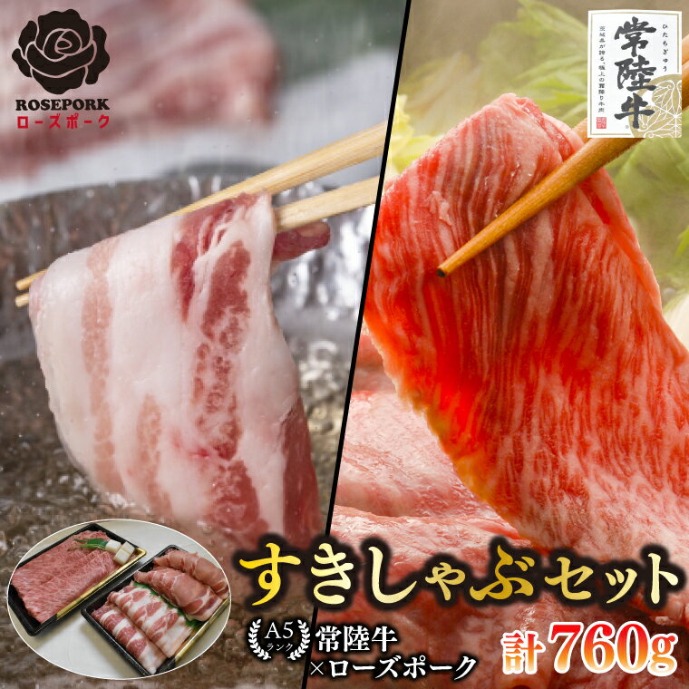 [常陸牛 A5ランク・ローズポークすきしゃぶセット]常陸牛肩ロースすき焼き用360g+ローズポークしゃぶしゃぶ用400g(ロース200g・ばら200g) 冷凍 国産牛 和牛 牛肉 豚肉 ブランド豚 茨城県 水戸市 食べ比べ セット商品20000円以内 老舗精肉店