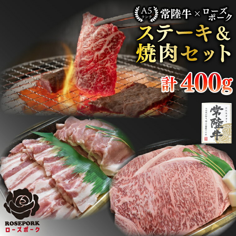 [常陸牛 A5ランク・ローズポークステーキ焼肉セット]常陸牛サーロイン200g+ローズポーク200g(ロース100g・ばら100g) 冷凍 国産牛 和牛 牛肉 豚肉 ブランド豚 茨城県 水戸市 食べ比べ セット商品 国産 BBQ 15000円以内 老舗精肉店