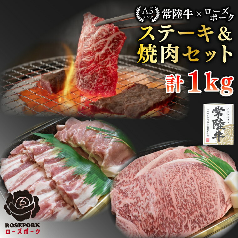 [常陸牛 A5ランク・ローズポークステーキ焼肉セット]常陸牛サーロイン600g(300g×2枚)+ローズポーク400g(ロース200g・ばら200g) 冷凍 国産牛 和牛 牛肉 豚肉 ブランド豚 茨城県 水戸市 食べ比べ セット商品 国産 BBQ 35000円以内 老舗精肉店