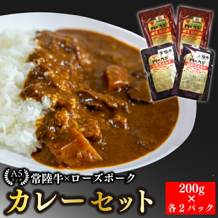 【ふるさと納税】【常陸牛 A5ランク】カレー2パック+【ふるさと納税】【ローズポーク】カレー2パック 国産牛 和牛 牛肉 豚肉 ブランド豚 茨城県 水戸市 レトルト 食品 食べ比べ セット商品 国産 10000円以内 老舗精肉店 EK-62