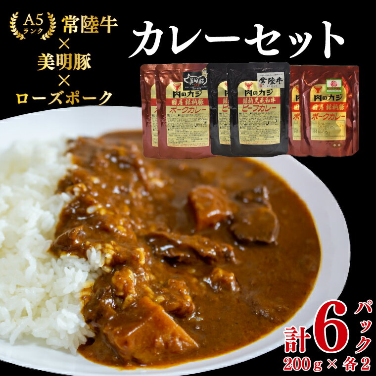 [常陸牛 A5ランク]カレー2パック+[美明豚]カレー2パック+[ローズポーク]カレー2パック 国産牛 和牛 牛肉 豚肉 ブランド豚 茨城県 水戸市 レトルト 食品 食べ比べ セット商品 国産 10000円 老舗精肉店