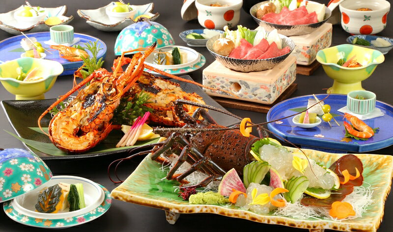 茨城県ブランド!特大『常陸乃国いせ海老』と「常陸牛」会席付 1泊2食ペア宿泊券[ 茨城県 日立市 ]