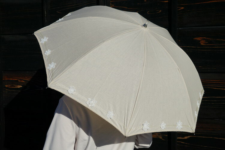 13位! 口コミ数「0件」評価「0」雪華模様の刺繍入り日傘（晴雨兼用・サイズ50cm・UV加工・麻50％綿50％）カラー：ベージュ_BL20