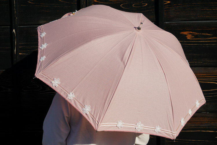 雪華模様の刺繍入り日傘（晴雨兼用・サイズ50cm・UV加工・麻50％綿50％）カラー：ピンク_BL21