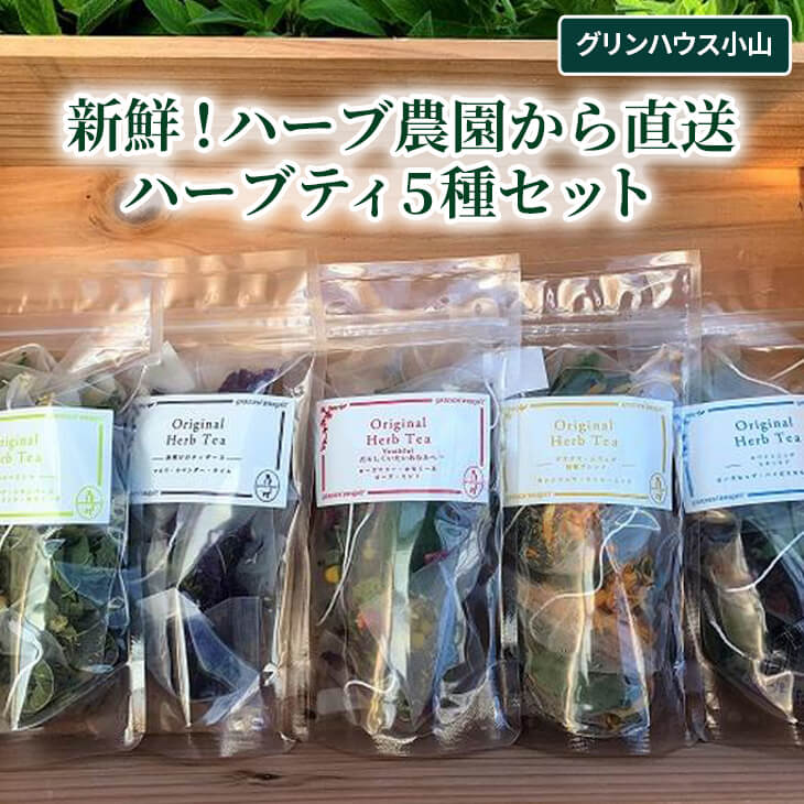 グリンハウス小山のハーブティは、農園で収穫したハーブをその日のうちに加工している新鮮なハーブティです。 安全性は勿論、色、味、香りにこだわりを持って作っています。 テーマごとにブレンドしている5種類のハーブティセットは、その日の気分や体調に合わせ毎日飽きずにお楽しみ頂けます。 後片づけが簡単なティバッグ仕様です。 ブレンド種類 ●レモニーミント ●youthful~若々しくいたいあなたへ ●夜明けのティザーヌ ●グズグズムズムズ ●姫雪 himeyuki ※北海道・沖縄・離島への配送は承っておりません。 名称 ・ハーブティ（ティバッグ） 原材料 ・レモニーミント：レモンバーベナ、レモングラス、レモンバーム、ミント、カモミール ・youthful~若々しくいたいあなたへ：ローズ、ローズマリー、カモミール、ミント ・夜明けのティザーヌ：マロウブルー、ラベンダー、タイム ・グズグズムズムズ：カレンドュラ、ネトル、ミント ・姫雪 himeyuki：ローズヒップ、ハイビスカスローゼル、ミント 内容量 1袋（4個入り）×5種 賞味期限 1年 保存方法 直射日光、高温多湿を避け冷暗所で保管願います。 製造者/提供元 有限会社グリンハウス小山 茨城県古河市長左エ門新田963-42 ・ふるさと納税よくある質問はこちら・寄附申込みのキャンセル、返礼品の変更・返品はできません。あらかじめご了承ください。新鮮！ハーブ農園から直送ハーブティ5種セット 【注文内容確認画面の「注文者情報」を寄附者の住民票情報とみなします】 ・必ず氏名・住所が住民票情報と一致するかご確認ください。 ・受領書は住民票の住所に送られます。 ・返礼品を住民票と異なる住所に送付したい場合、注文内容確認画面の「送付先」に返礼品の送付先をご入力ください。寄附者の都合で返礼品が届けられなかった場合、返礼品等の再送はいたしません。 ※「注文者情報」は楽天会員登録情報が表示されますが、正確に反映されているかご自身でご確認ください。