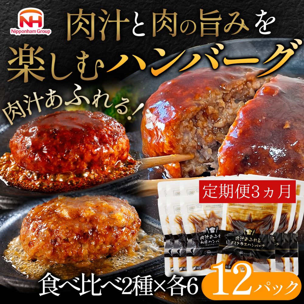 【ふるさと納税】【定期便】肉汁あふれるハンバーグ2種12個セット（デミグラス＆和風）3ヶ月定期便　日本ハム 冷凍 個食 使い切り 湯煎 牛肉 豚肉