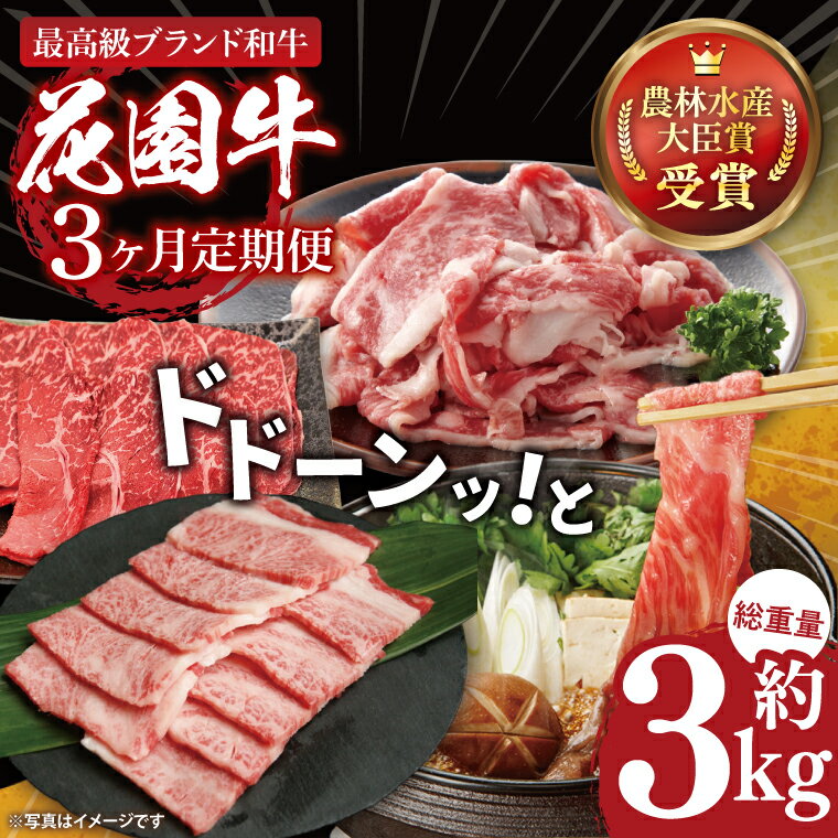 [3ヶ月定期便]花園牛どどーんっ!と定期便 総重量約3kg超え[牛肉 ブランド牛 ステーキ すき焼き 焼肉 お肉 贅沢 冷凍 茨城県 北茨城市]