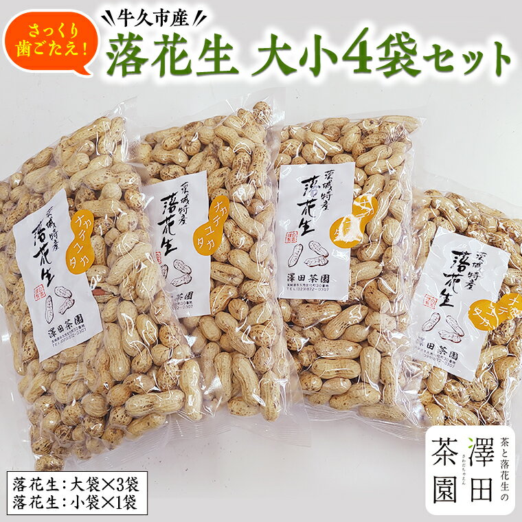 有機栽培にこだわり育てた落花生はすべて澤田茶園で生産したものです。 たくさんある品種の中でも人気の「ナカテユタカ」の詰め合わせ。 粒が大きく、甘みが強く、良い香りがすることが人気の理由です。 生産者としても栽培しやすいことから、澤田茶園の中でも生産量は一番多くてたくさんの方に好まれています。 《澤田茶園》 お茶と落花生など農産物の生産加工をモットーにしているお店です。 「ひと味ごとに深まる香りのおつきあい 　ほんとうに美味しいものを、心豊かに味わってもらいたい。」 茨城県牛久市産にこだわり、健康に役立つ商品づくりを心がけております。 落花生の焙煎等、委託加工もしています。 商品概要 名称 牛久産 落花生 大小 4袋 詰合せ 内容量 落花生：大袋（360g入）×3袋 落花生：小袋（210g入）×1袋 原産地：すべて茨城県牛久市 賞味期限 すべて製造から3か月 アレルギー 落花生（ピーナッツ） 申込期日 通年 配送 常温配送 順次発送 事業者 澤田茶園 ふるさと納税よくある質問はこちら 寄附申込みのキャンセル、返礼品の変更・返品はできません。あらかじめご了承ください。 ※下記の「商品仕様」は、AIによって判断されたデータのため、上記の商品情報にてご確認ください。牛久産 落花生 大小 4袋 詰合せ 寄附金の使い道について 市長が定める事業 健康づくり及び福祉に関する事業 環境の保全に関する事業 生活安全に関する事業 産業の振興に関する事業 都市基盤整備に関する事業 教育及び文化芸術に関する事業 受領証明書及びワンストップ特例申請書のお届けについて 入金確認後、注文内容確認画面の【注文者情報】に記載の住所に準備でき次第順次発送いたします。 ワンストップ特例申請書は受領書と一緒にお送りしますので、必要情報を記載の上返送してください。