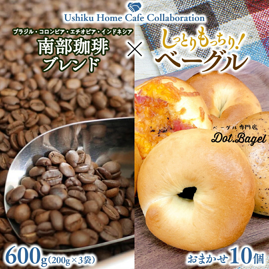 [牛久市限定コラボ] 南部珈琲 ブレンド 200g × 3袋 & Dot.Bagel おまかせ ベーグル 10個 コーヒー豆 600g コーヒー ブレンド 焙煎 おすすめ セット 詰合せ 食べ比べ bagel 食感 冷凍 パン しっとり もっちり おしゃれ まとめ買い お取り寄せグルメ