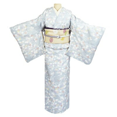 【ふるさと納税】車いす用着物レンタル3日間＜小紋:水色 桜 紅葉柄 太鼓帯:黄色 草花文(草履付き)＞ | 茨城県 つくば市 キモノ 帯 セット レンタルサービス 車椅子 成人式 卒業式 七五三 婚礼