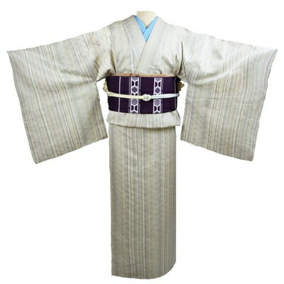 【ふるさと納税】車いす用着物レンタル3日間＜小紋:クリーム色 縦縞模様 太鼓帯:紫色亀甲柄 縞模様(草履付き)＞ | 茨城県 つくば市 キモノ 帯 セット レンタルサービス 車椅子 成人式 卒業式 七五三 婚礼