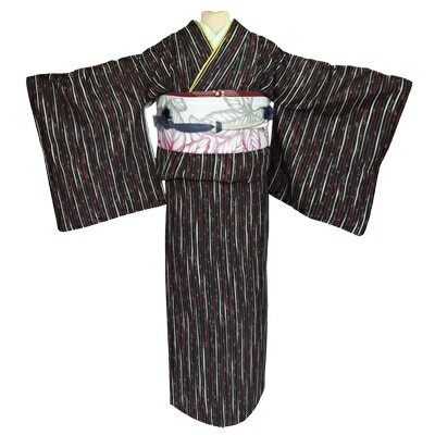 【ふるさと納税】車いす用着物レンタル3日間＜小紋:黒色 縦縞柄 太鼓帯:白色 大葉柄(草履付き)＞ | 茨城県 つくば市 キモノ 帯 セット レンタルサービス 車椅子 成人式 卒業式 七五三 婚礼