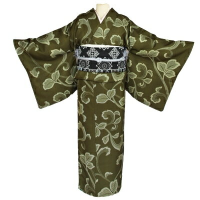 【ふるさと納税】車いす用着物レンタル3日間＜小紋:抹茶色 唐草模様 太鼓帯:藍色 縞柄入り 葉模様(草履付き)＞ | 茨城県 つくば市 キモノ 帯 セット レンタルサービス 車椅子 成人式 卒業式 七五三 婚礼