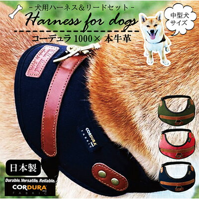 【中型犬用】ハーネス　コーデュラ×本牛革(ネイビー×ブラウン革)　【雑貨・日用品・中型犬用・ハーネス・本牛革・本革・ペット用品・散歩用品】◇