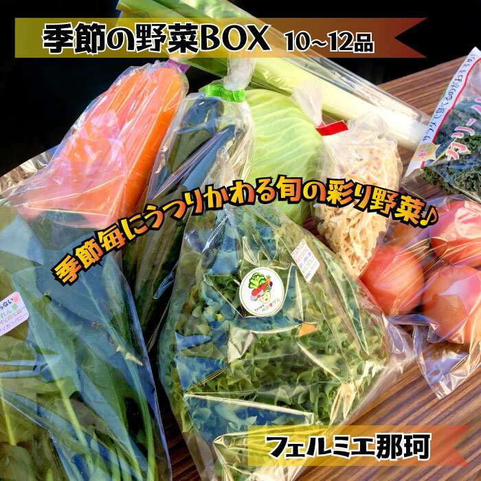 内容 季節の野菜　10～12品 トマト・大根・じゃがいも・ほうれん草・きゅうり・かぼちゃ・ナス・ピーマン・ブロッコリー・とうもろこし・たまねぎ・レタス・西洋野菜等　旬の野菜詰め合わせ 賞味期限 生ものです。お早目にお召し上がりください。 発送時期 ご寄付納入確認後、毎月最終土曜日に発送致します。 お申し込みのタイミングによっては、翌月の発送になる場合がございます。 ご了承ください。 配送方法 冷蔵 提供元事業者 フェルミエ那珂 ・ふるさと納税よくある質問はこちら ・寄付申込みのキャンセル、返礼品の変更・返品はできません。あらかじめご了承ください。「フェルミエ那珂」から旬のお野菜をお届けいたします。 「フェルミエ那珂」は那珂市の農家さんと飲食店等で組織されたチームです。 毎月最終土曜日に開催されている【いい那珂マルシェ】でも、人気の野菜BOXをお届けいたします。 持ち寄よった採れたての旬な野菜は、季節毎に彩が違い、新しい野菜との出会いがあるかもしれません。 丁寧に育てた新鮮野菜をぜひ召し上がってみてください。 提供：フェルミエ那珂 「ふるさと納税」寄付金は、下記の事業を推進する資金として活用してまいります。 寄付を希望される皆さまの想いでお選びください。 1 自然環境の保全に関する事業 2 福祉施策の充実に関する事業 3 教育又は文化の振興に関する事業 4 快適な生活環境の形成に関する事業 5 協働のまちづくりに関する事業 選択しない 入金確認後、注文内容確認画面の【注文者情報】に記載の住所にお送りいたします。 発送の時期は、寄付確認後1か月以内を目途に、お礼の特産品とは別にお送りいたします。