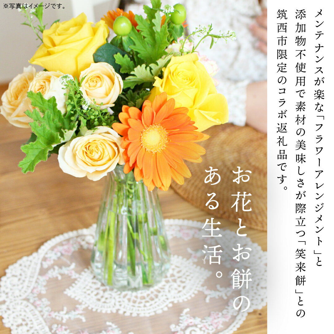 【ふるさと納税】【 筑西市 ふるさと納税限定 コラボ 】 《 季節のお花アレンジメントS 》《 笑来餅 2個 セット（白2個） 》 アレンジメント 生花 ギフト プレゼント 誕生日 記念日 敬老 餅 もち もち米 [ZZ047ci]