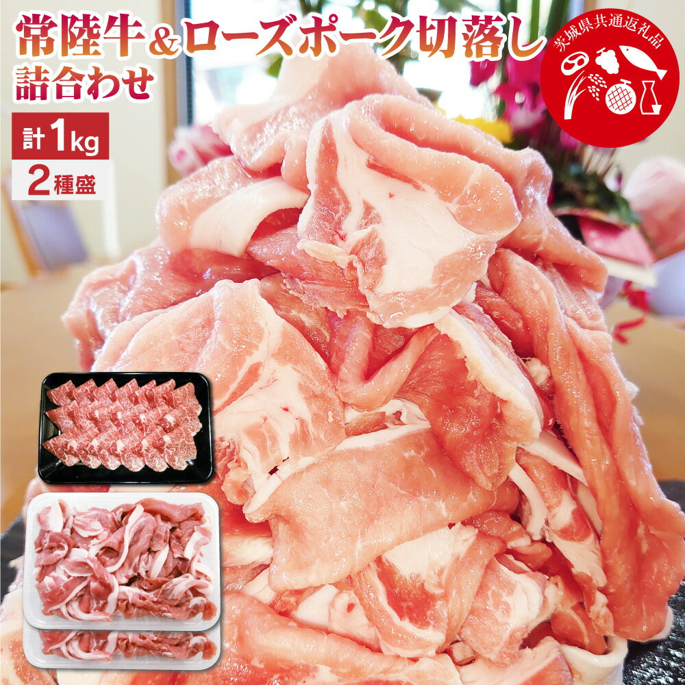 【茨城県共通返礼品】常陸牛&ローズポーク切落し詰合わせ 合計1kg 牛肉 牛 ビーフ 豚肉 豚 肉 お肉 煮物 炒め物 小分け 使い切り 茨城県 神栖市 送料無料