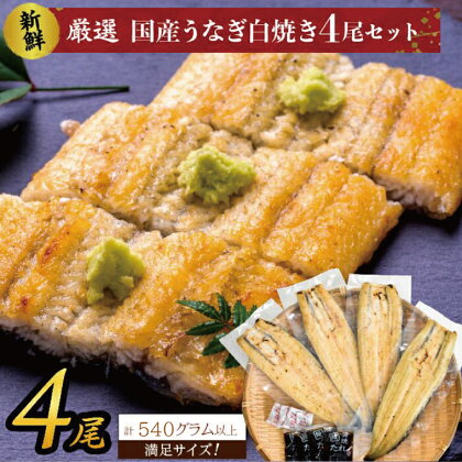 国産うなぎ 白焼（酒蒸し）4尾 計540g以上 秘伝のタレ付 山椒付 送料無料 満足サイズ！ ｜AD-135-1