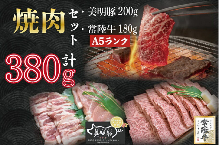 [常陸牛A5ランク・美明豚焼肉セット]常陸牛カルビ180g+美明豚200g(ロース100g・ばら100g)|DT-25