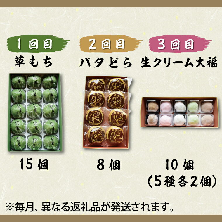 【ふるさと納税】【3ヵ月】和菓子の定期便（1回目／草もち15個　2回目／バタどら8個　3回目／生クリーム大福10個）｜K-16