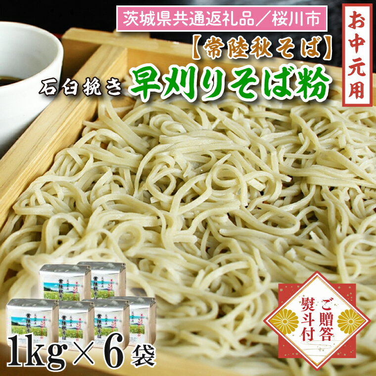 15位! 口コミ数「0件」評価「0」【茨城県共通返礼品／桜川市】《お中元》贈答用・熨斗付【常陸秋そば】石臼挽き早刈りそば粉 1kg×6袋入｜DX-2-1