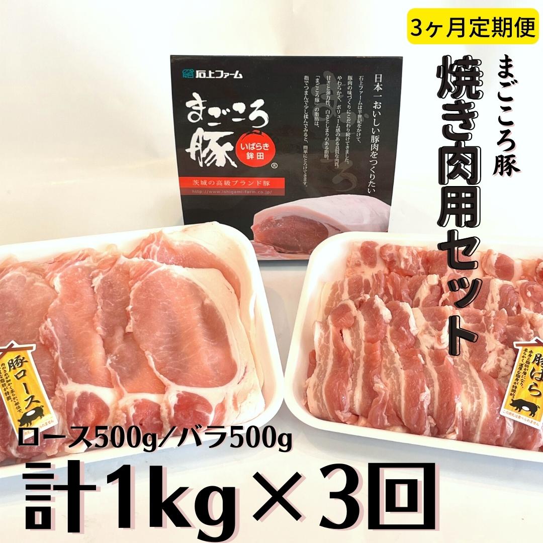 【ふるさと納税】〈3ヶ月定期便〉まごころ豚 焼肉用豚肉セット1kg（ロース500g＆豚バラ500g）×3回