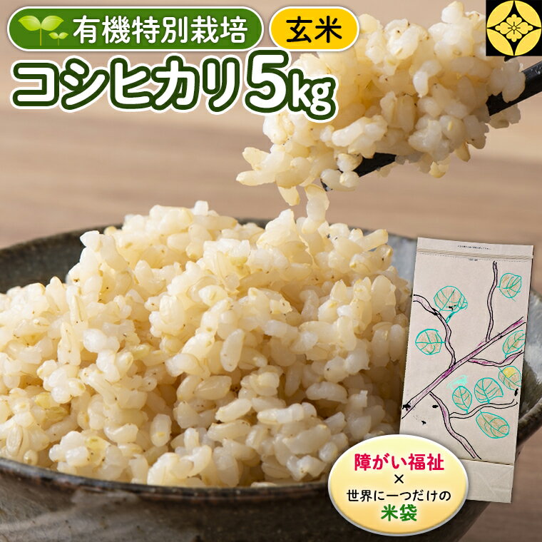 【ふるさと納税】【 障害福祉 × 世界に一つだけ の 米袋 ！】 玄米 5kg 三百年続く農家の 有機特別栽培 コシヒカリ 米 支援 こめ コメ 有機栽培 こしひかり 新生活 プレゼント 新生活応援 必要なもの 便利 おすすめ 消耗品 一人暮らし 二人暮らし 必要 農楽里 のらり