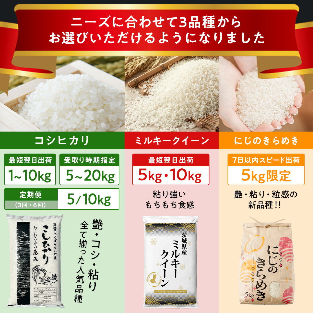 【ふるさと納税】＼ 選べる3品種 ／ 最短翌日出荷 コシヒカリ 五つ星お米マイスター監修 1kg / 5kg / 10kg 配送時期指定 定期便 3回 6回 精米 ミルキークイーン にじのきらめき 茨城県つくばみらい市産 ｜ 米 コメ 単一米 5000 11000 コスパ 茨城県産 単一原料米 高評価