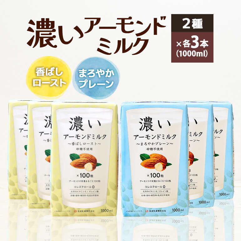 商品説明 商品名 濃いアーモンドミルク1000ml 2種×各3本（香ばしロースト・まろやかプレーン） アレルギー アーモンド 消費期限 製造日より1年 内容量 濃いアーモンドミルク1000ml 2種×各3本 香ばしロースト・まろやかプレーン 申込期日 通年 発送期日 入金確認後、順次発送いたします。 発送方法 常温 事業者 筑波乳業株式会社 商品詳細 アーモンドミルクとは、アーモンドを原料とした植物性ミルク。 アーモンドをふんだんに使っていてもコレステロールは0。低糖質なので、糖質制限をしている方にもおすすめです。 自然なアーモンドの美味しさと、一般的なアーモンドミルクや他の植物性ミルクにはないコクをお楽しみください。 乳アレルギーや大豆アレルギーのある方でも安心してお召し上がりいただけます。 香ばしロースト：ローストアーモンドを10%使用した植物性飲料です。砂糖不使用。 まろやかプレーン：ローストしていないアーモンドを10%使用した植物性飲料です。砂糖不使用。 注意事項 《必ずお読みください》 アーモンドを含んでおります。 ・ふるさと納税よくある質問はこちら ・寄付申込みのキャンセル、返礼品の変更・返品はできません。あらかじめご了承ください。「ふるさと納税」寄付金は、下記の事業を推進する資金として活用してまいります。 寄付を希望される皆さまの想いでお選びください。 (1)次代を担う人づくり事業 (2)健やかで安心安全なまちづくり事業 (3)魅力ある地域づくり事業 特段ご希望がなければ、市政全般に活用いたします。 →（4）その他（指定なし） 入金確認後、注文内容確認画面の【注文者情報】に記載の住所にお送りいたします。発送の時期は、寄付確認後14日以内を目途に、お礼の特産品とは別にお送りいたします。