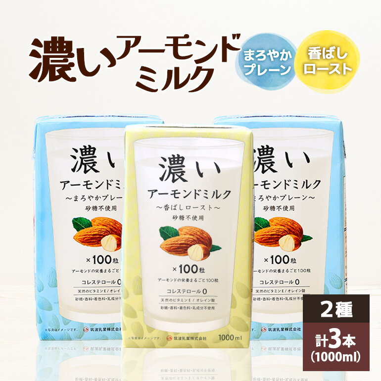 商品説明 商品名 濃いアーモンドミルク1000ml 2種 計3本（香ばしロースト1本・まろやかプレーン2本） アレルギー アーモンド 消費期限 製造日より1年 内容量 濃いアーモンドミルク1000ml 2種 計3本 香ばしロースト1本・まろやかプレーン2本 申込期日 通年 発送期日 入金確認後、順次発送いたします。 発送方法 常温 事業者 筑波乳業株式会社 商品詳細 アーモンドミルクとは、アーモンドを原料とした植物性ミルク。 アーモンドをふんだんに使っていてもコレステロールは0。低糖質なので、糖質制限をしている方にもおすすめです。 自然なアーモンドの美味しさと、一般的なアーモンドミルクや他の植物性ミルクにはないコクをお楽しみください。 乳アレルギーや大豆アレルギーのある方でも安心してお召し上がりいただけます。 香ばしロースト：ローストアーモンドを10%使用した植物性飲料です。砂糖不使用。 まろやかプレーン：ローストしていないアーモンドを10%使用した植物性飲料です。砂糖不使用。 注意事項 《必ずお読みください》 アーモンドを含んでおります。 ・ふるさと納税よくある質問はこちら ・寄付申込みのキャンセル、返礼品の変更・返品はできません。あらかじめご了承ください。「ふるさと納税」寄付金は、下記の事業を推進する資金として活用してまいります。 寄付を希望される皆さまの想いでお選びください。 (1)次代を担う人づくり事業 (2)健やかで安心安全なまちづくり事業 (3)魅力ある地域づくり事業 特段ご希望がなければ、市政全般に活用いたします。 →（4）その他（指定なし） 入金確認後、注文内容確認画面の【注文者情報】に記載の住所にお送りいたします。発送の時期は、寄付確認後14日以内を目途に、お礼の特産品とは別にお送りいたします。