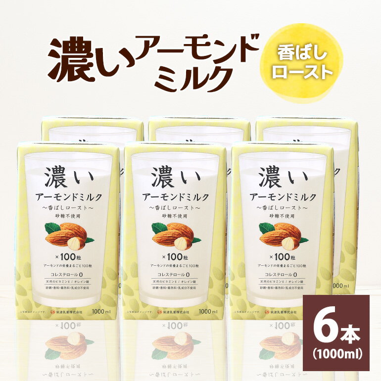 商品説明 商品名 濃いアーモンドミルク 香ばしロースト1000ml×6本入り アレルギー アーモンド 消費期限 製造日より1年 内容量 濃いアーモンドミルク1000ml×6本 香ばしロースト 申込期日 通年 発送期日 入金確認後、順次発送いたします。 発送方法 常温 事業者 筑波乳業株式会社 商品詳細 アーモンドミルクとは、アーモンドを原料とした植物性ミルク。 アーモンドをふんだんに使っていてもコレステロールは0。低糖質なので、糖質制限をしている方にもおすすめです。 自然なアーモンドの美味しさと、一般的なアーモンドミルクや他の植物性ミルクにはないコクをお楽しみください。 乳アレルギーや大豆アレルギーのある方でも安心してお召し上がりいただけます。 無糖で香ばしさ引き立つシンプルな味わい。 皮むきの後にローストする工程を加え、コクがあるのに香ばしくすっきりしており、幅広い方におすすめです。 注意事項 《必ずお読みください》 アーモンドを含んでおります。 ・ふるさと納税よくある質問はこちら ・寄付申込みのキャンセル、返礼品の変更・返品はできません。あらかじめご了承ください。「ふるさと納税」寄付金は、下記の事業を推進する資金として活用してまいります。 寄付を希望される皆さまの想いでお選びください。 (1)次代を担う人づくり事業 (2)健やかで安心安全なまちづくり事業 (3)魅力ある地域づくり事業 特段ご希望がなければ、市政全般に活用いたします。 →（4）その他（指定なし） 入金確認後、注文内容確認画面の【注文者情報】に記載の住所にお送りいたします。発送の時期は、寄付確認後14日以内を目途に、お礼の特産品とは別にお送りいたします。