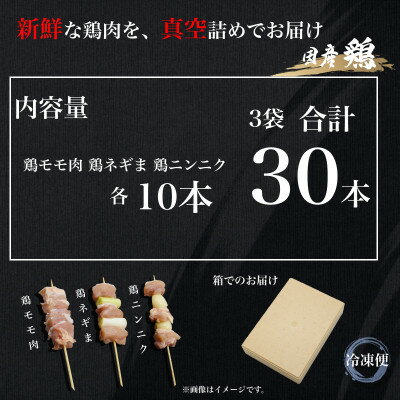 【ふるさと納税】国産焼き鳥3種30本セット 　焼き鶏 鶏肉 個包装 ねぎま にんにく 鶏もも 冷凍 高品 UF11【配送不可地域：離島】【1472126】 3