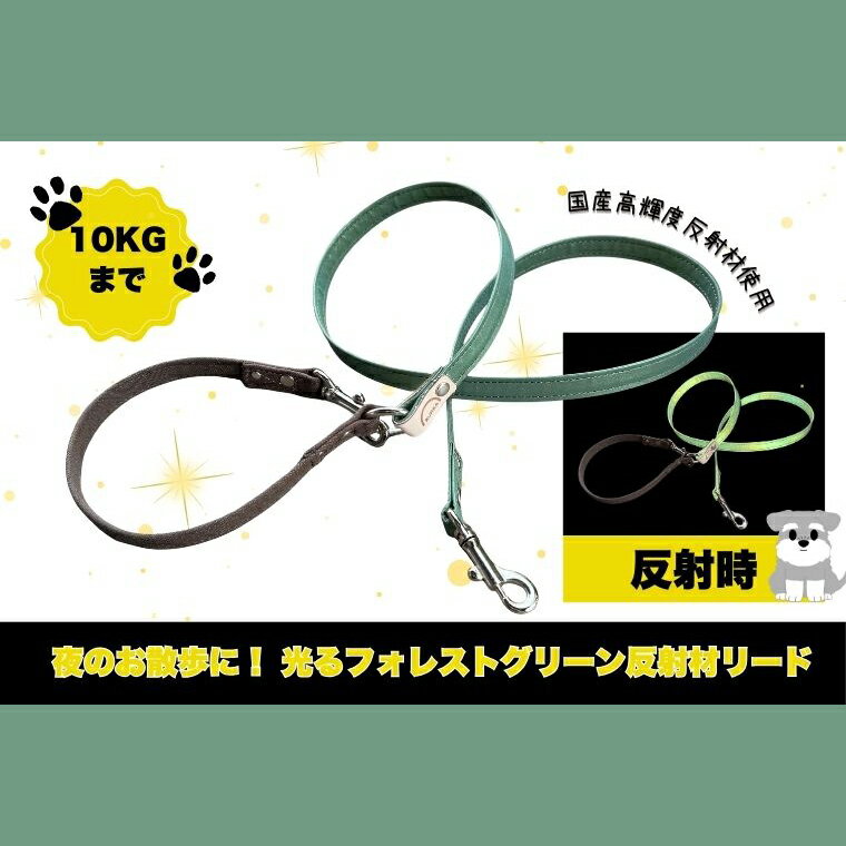 『ギラギラ・フォレストグリーン』犬用光るリード/特注高輝度反射材使用[小型犬用10キロまで]|散歩 愛犬 夜散歩 阿見町 茨城県(40-35)