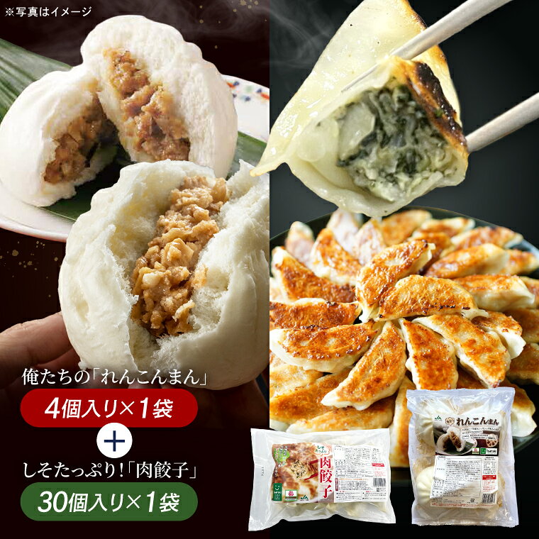 【ふるさと納税】レンコンまん 肉餃子 俺たちのれんこんまん 4個×1袋 しそたっぷり肉餃子 30個×1袋 ローズポーク ブランド豚 肉まん 餃子 中華 そうざい 蓮根 シソ 惣菜 レンコン 時短 レンジ調理　簡単調理 冷凍 【茨城県共通返礼品/行方市産】（96-06）