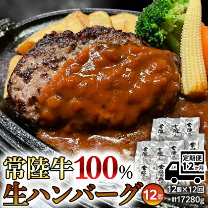 【12ヶ月定期便】 黒毛和牛 常陸牛 100% 特製 プレミアム 生ハンバーグ 120g×12個入り 合計1,440g 八千代町産 白菜 使用 無添加 無着色 保存料不使用 冷凍 牛 牛肉 ビーフ 生 ハンバーグ こだわり