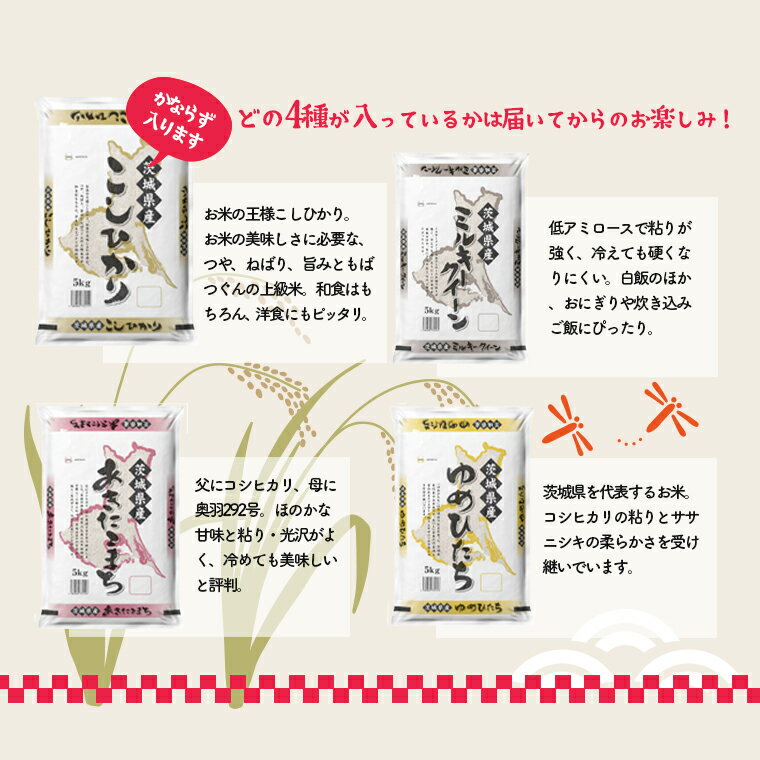 【ふるさと納税】 令和6年産 先行予約開始！ 発送回数が選べる 令和6年産 新米 お米 4種 食べくらべ 20kg 茨城県産 3か月定期便 6か月定期便 | 2024年 令和6年 コメ こめ 初回 送料無料 常温 配送 60kg 120kg